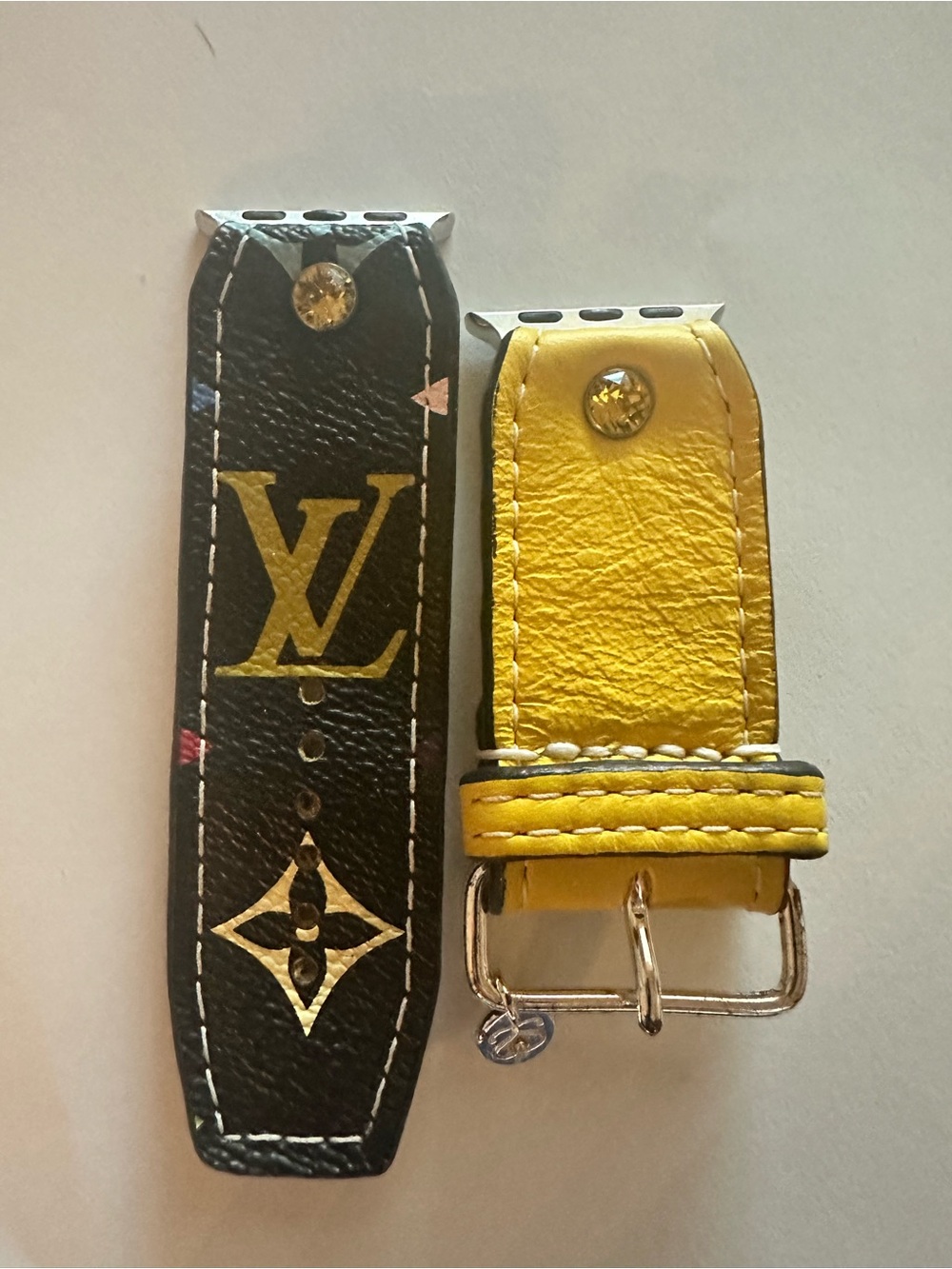 Spark’l Upcycled LV Black Multi color & yellow calfskin Apple Watch Band.